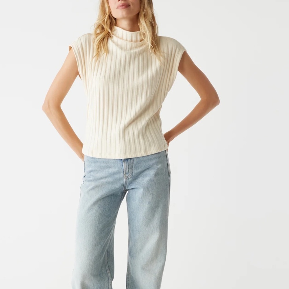 Anthropologie Cream Ribbed Sleeveless Mock Neck Crop Top